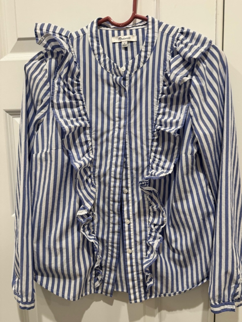 Madewell Whitney Blue and White Striped Ruffle Button-Front Blouse Size Small